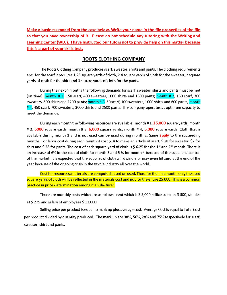 Make a business model from the case below. Write