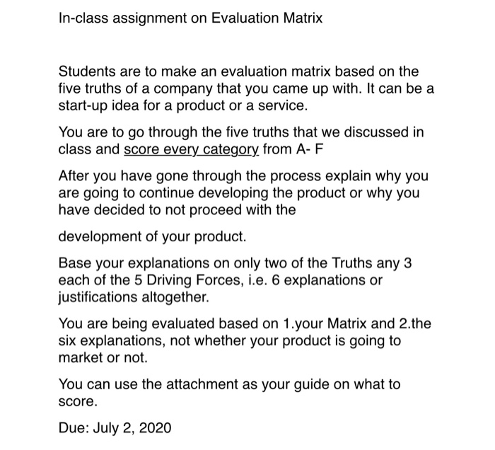 In-class assignment on Evaluation Matrix Students