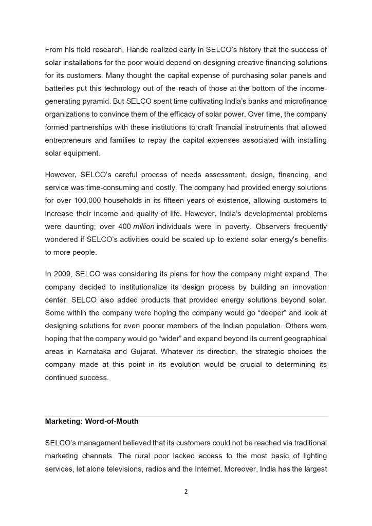CASE STUDY 1 SELCO 2009: Determining a Path
