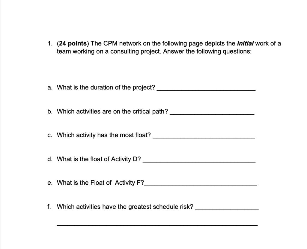 CPM Problem G 8 4 B D 7 8 7 2 E H 9 4 5 C F Dur