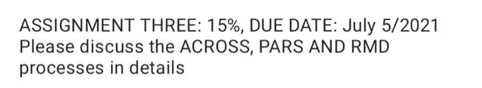 ASSIGNMENT THREE: 15%, DUE DATE: July 5/2021