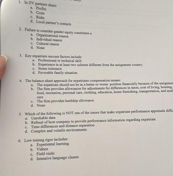 1. In UV partners share: a Profits Costs c. Risks
