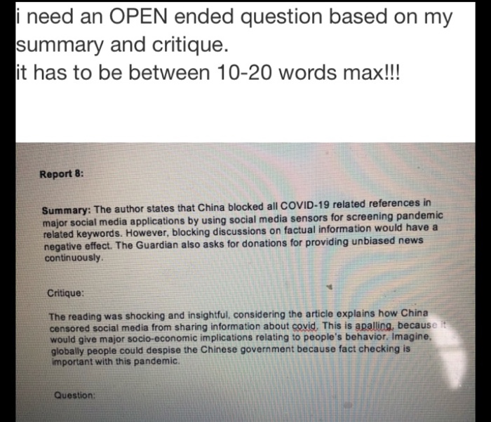 i need an OPEN ended question based on my summary
