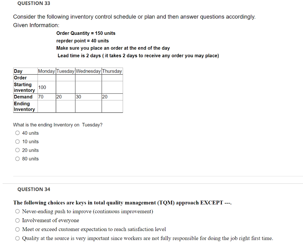QUESTION 33 Consider the following inventory