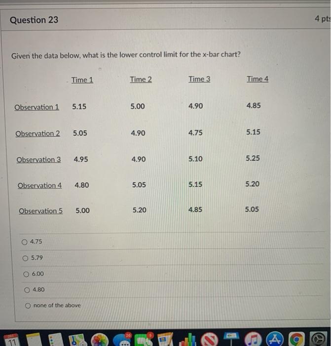 Question 23 4 pt: Given the data below, what is