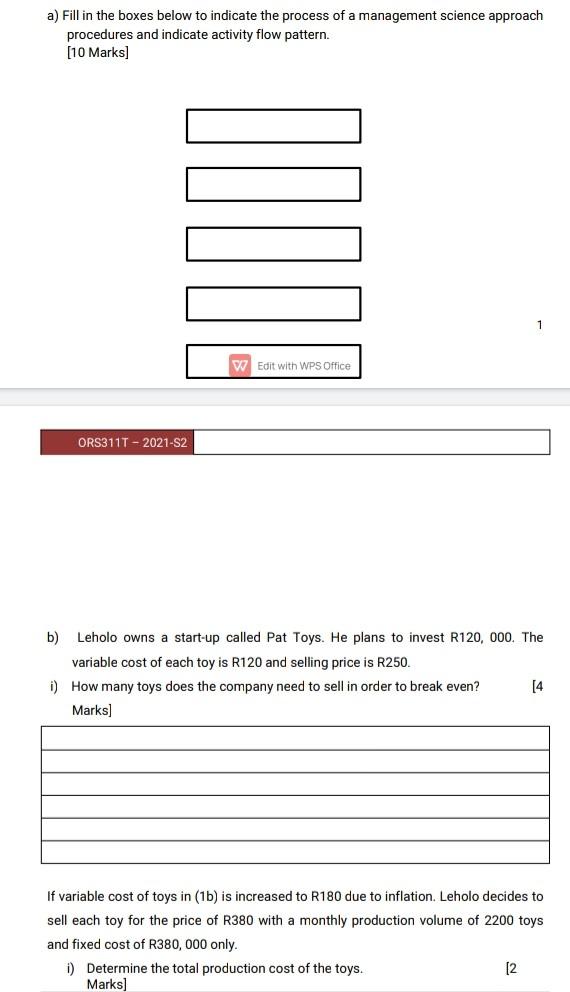 a) Fill in the boxes below to indicate the