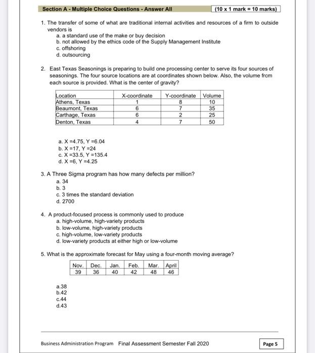 Section A - Multiple Choice Questions - Answer