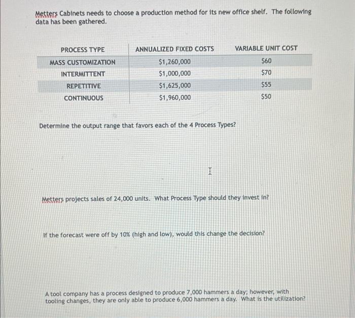 Metters Cabinets needs to choose a production