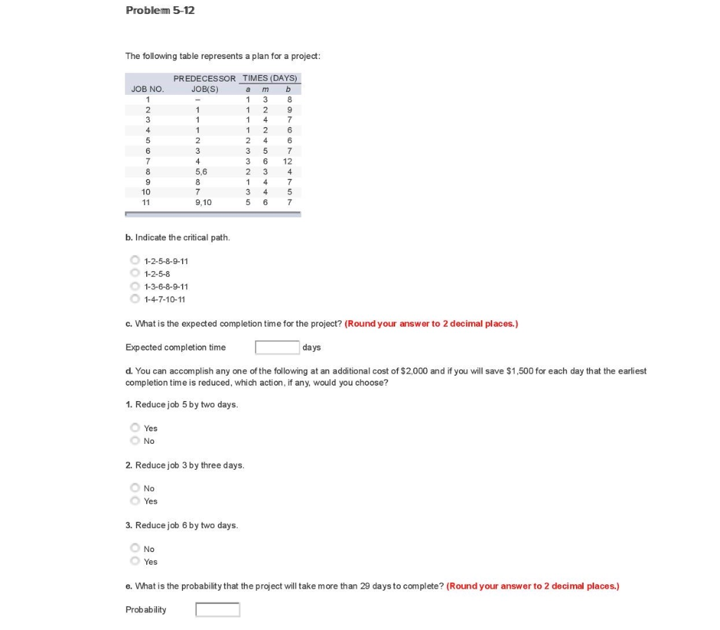 Problem 5-12 The following table represents a
