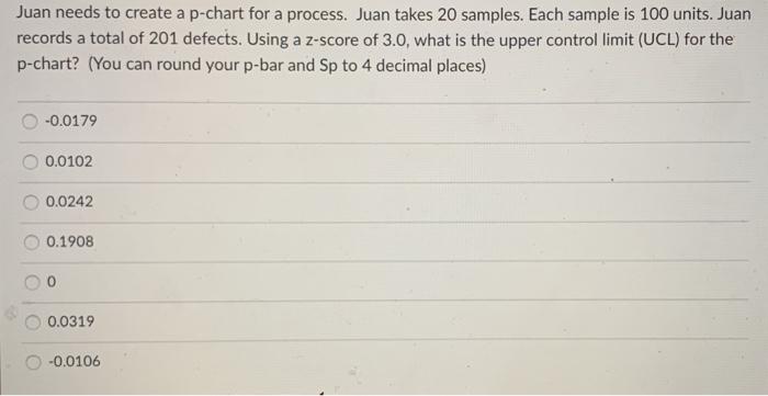 Juan needs to create a p-chart for a process.