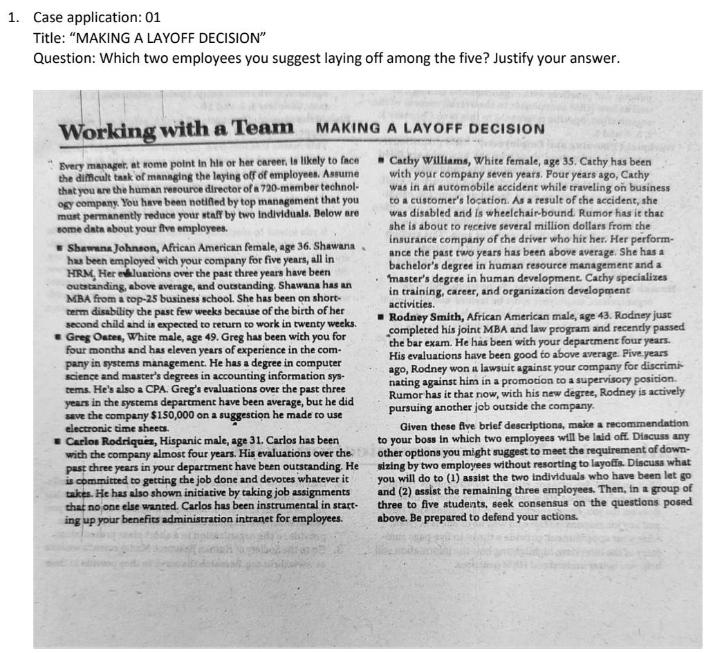 1. Case application: 01 Title: "MAKING A LAYOFF