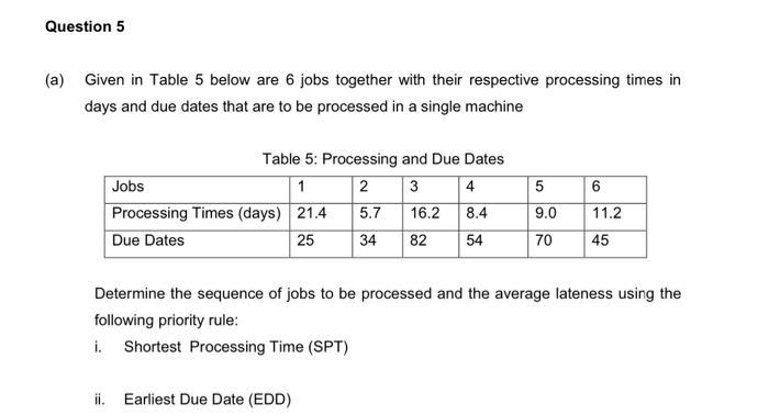 Question 5 (a) Given in Table 5 below are 6 jobs