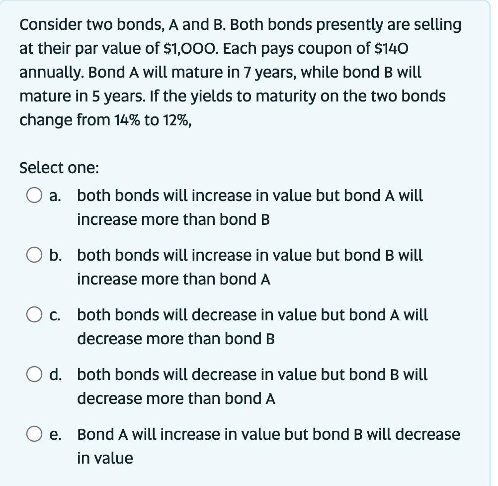 Consider two bonds, A and B. Both bonds presently