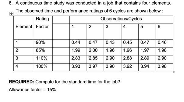 6. A continuous time study was conducted in a job