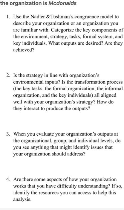 KINDLY WRITE ABOUT MCDONALDS ORGANIZATION the