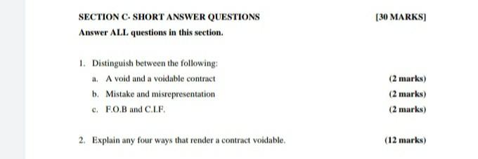 (30 MARKS) SECTION C. SHORT ANSWER QUESTIONS