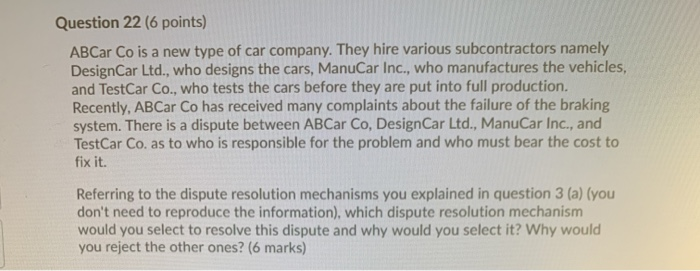 Question 22 (6 points) ABCar Co is a new type of