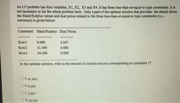An LP problem has four variables, X1, X2, X3 and