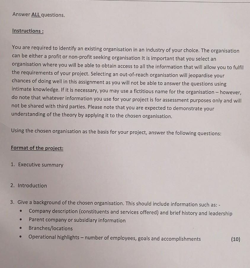 Answer ALL questions. Instructions: You are