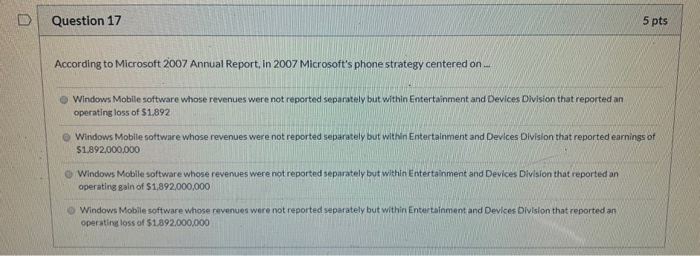 Question 17 5 pts According to Microsoft 2007