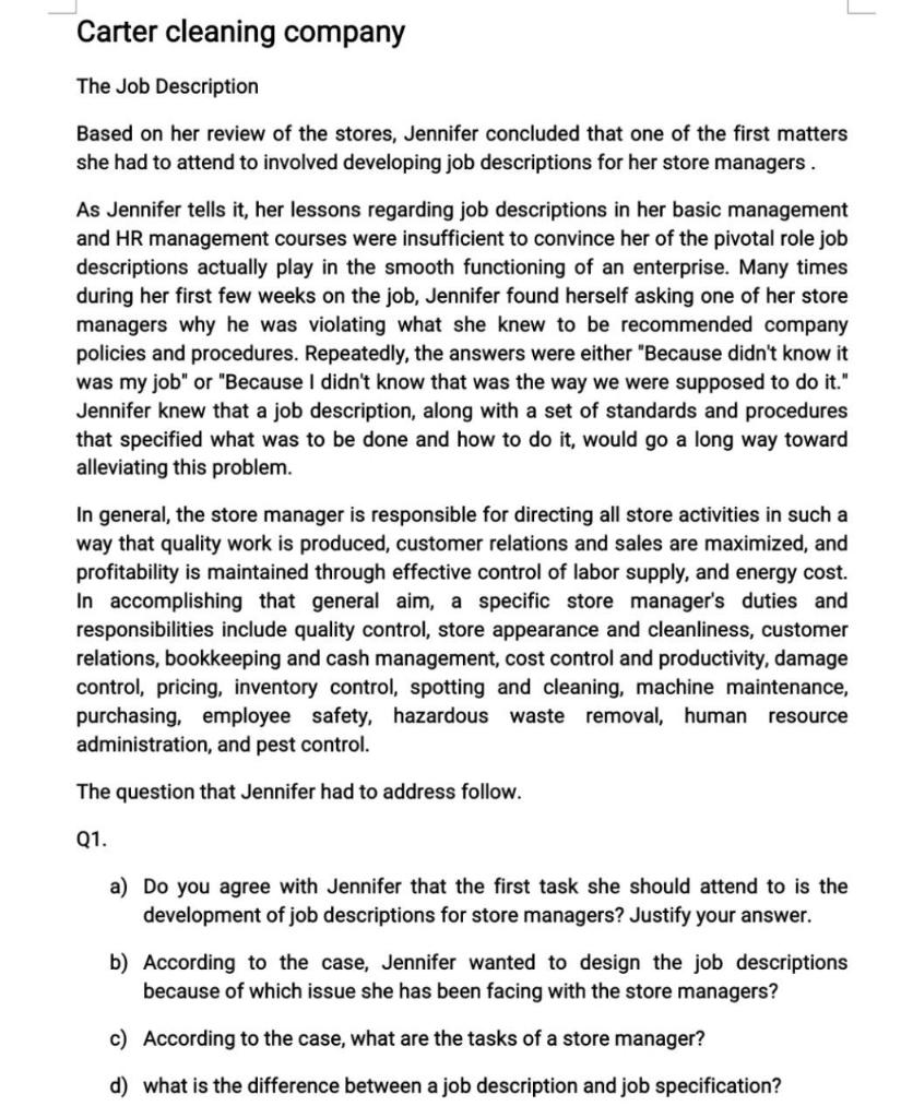 Carter cleaning company The Job Description Based