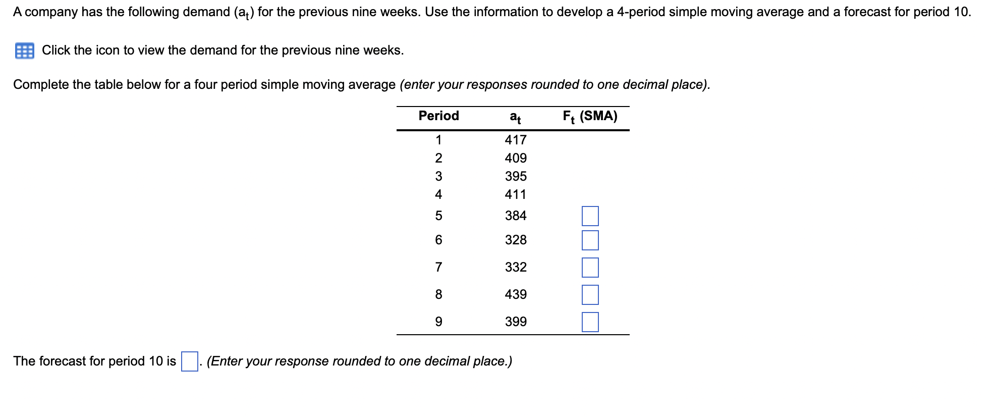A company has the following demand (at) for the