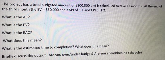 please show work The project has a total budgeted