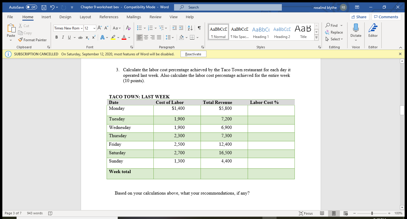 AutoSave Off Chapter 9 worksheet bev -