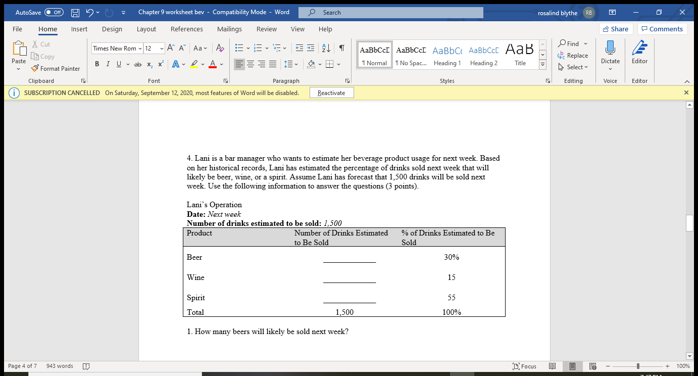 AutoSave Off Chapter 9 worksheet bev -