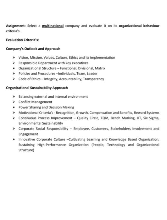 urgent Assignment: Select a multinational company