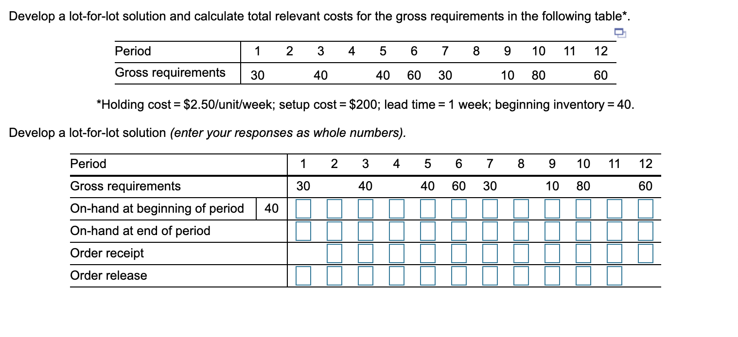 Develop a lot-for-lot solution and calculate