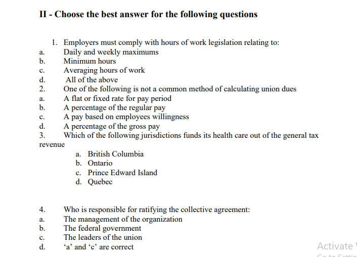 I- True or False Questions 1. British Columbia