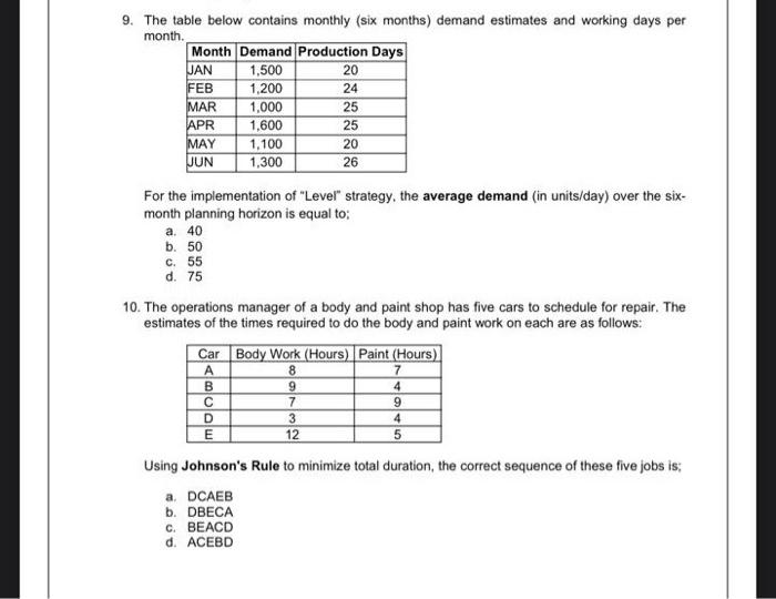 9. The table below contains monthly (six months)