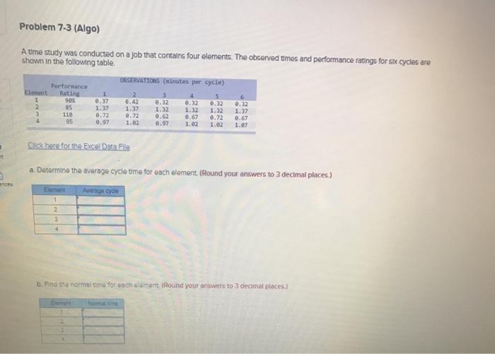 Problem 7-3 (Algo) A time study was conducted on