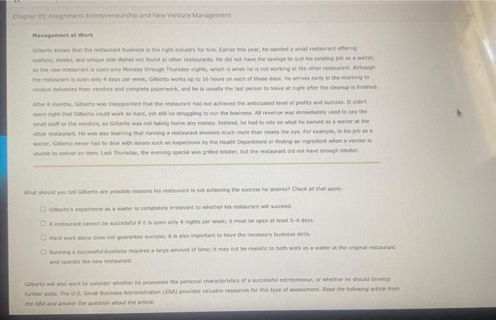 Chapter 05: Assignment: Entrepreneurship and New