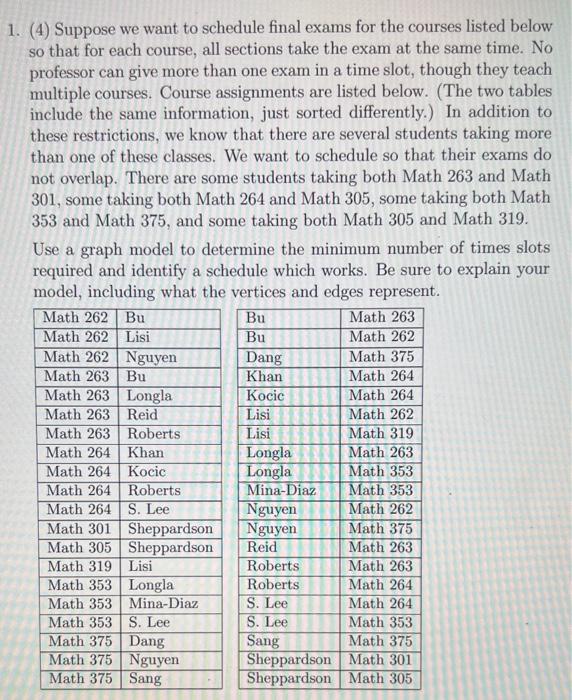 1. (4) Suppose we want to schedule final exams