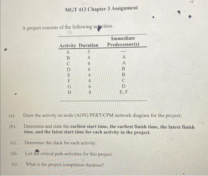 MGT 413 Chapter 3 Assignment A project consists