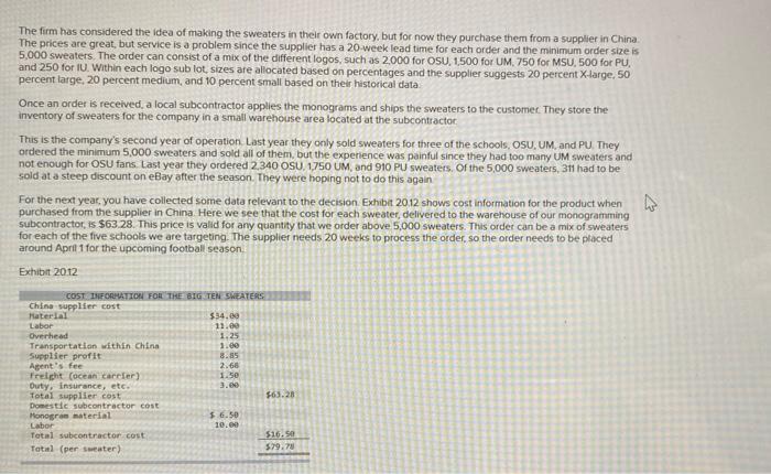 Analytics Exercise 20-1 (Algo) BigtoSweaters.com