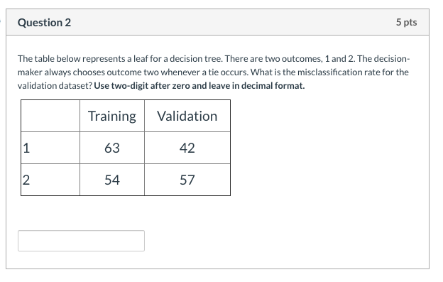 Question 1 5 pts The table below represents a