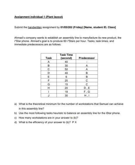 Assignment individual 1 (Plant layout) Submit the