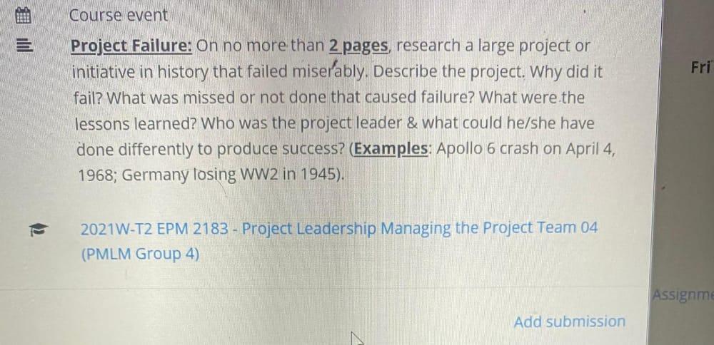 Course event Fri Project Failure: On no more than