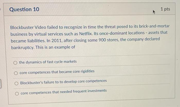 Question 10 1 pts Blockbuster Video failed to
