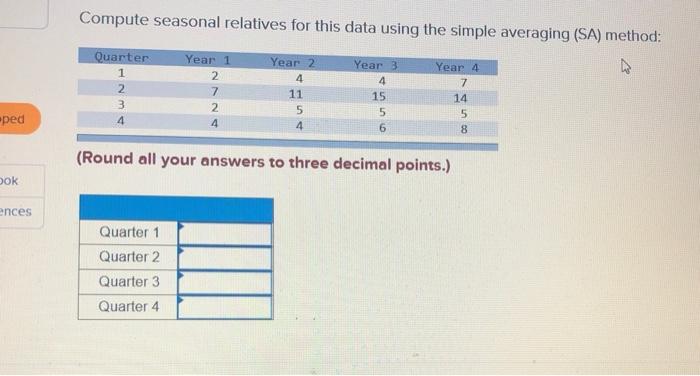 Compute seasonal relatives for this data using