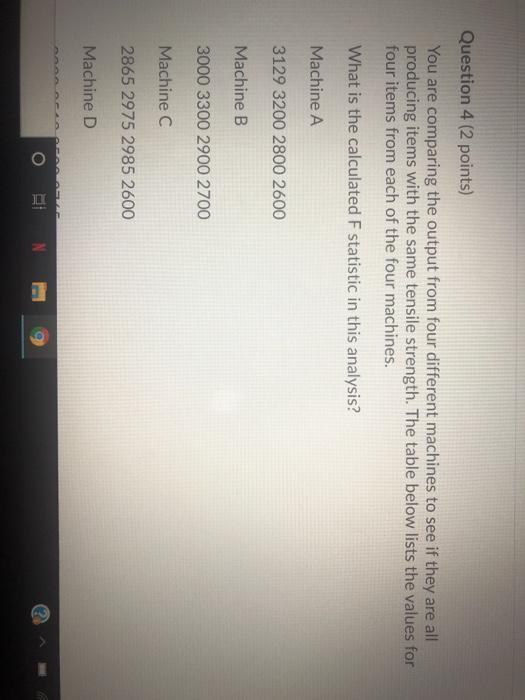 Question 4 (2 points) You are comparing the
