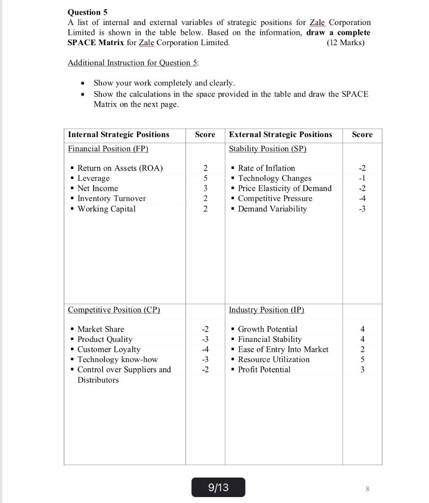 Question 5 A list of internal and external