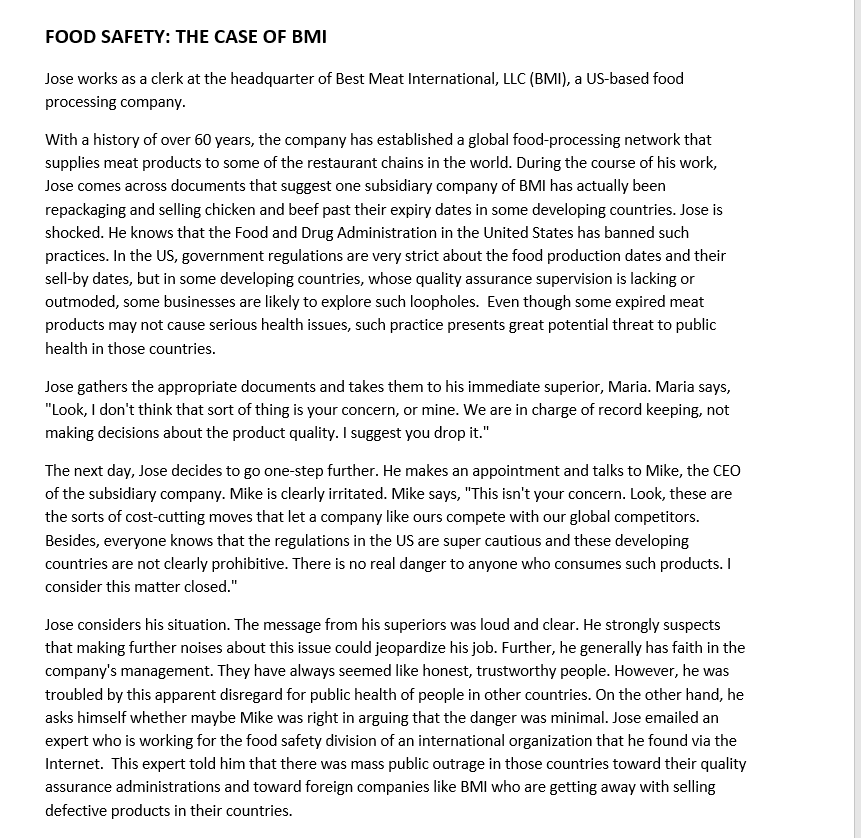 FOOD SAFETY: THE CASE OF BMI Jose works as a