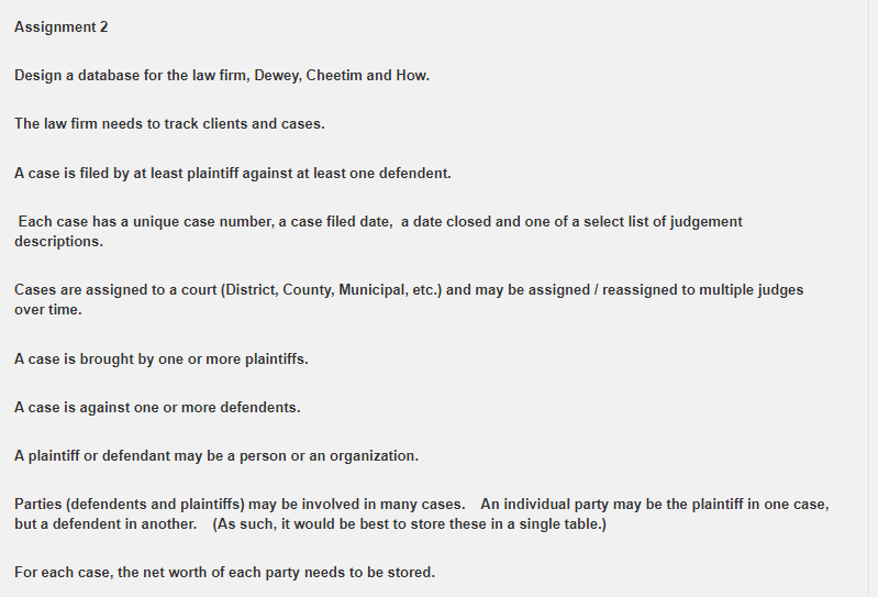 Assignment 2 Design a database for the law firm,