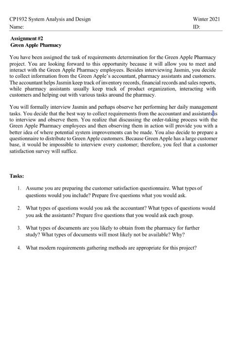 Winter 2021 ID: CP1932 System Analysis and Design