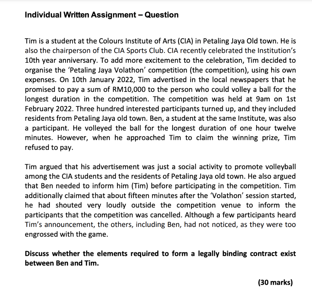 Individual Written Assignment - Question Tim is a
