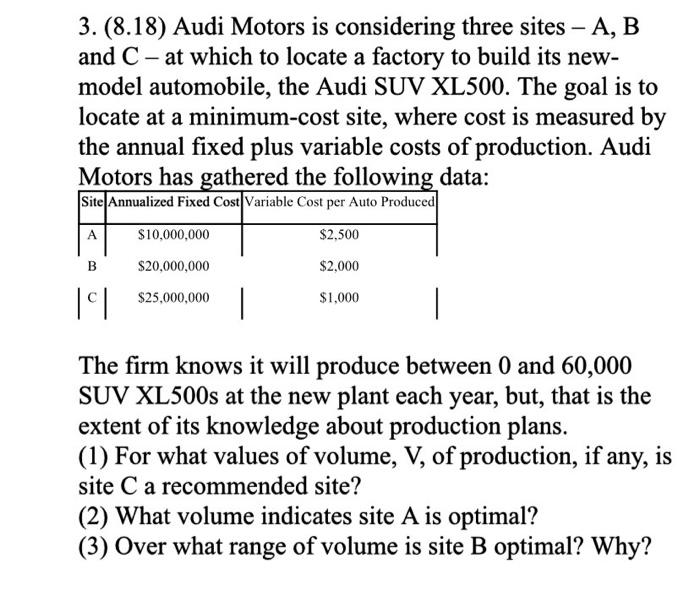 3. (8.18) Audi Motors is considering three sites
